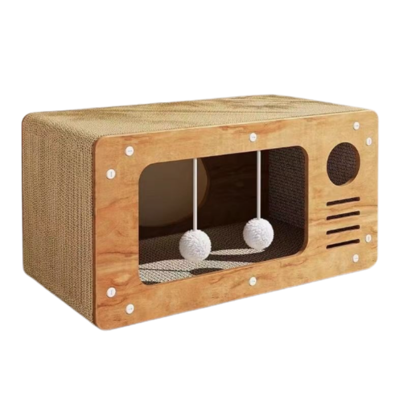 shakingTails_catScratcherHouse Cat Scratcher House with Ball Toys