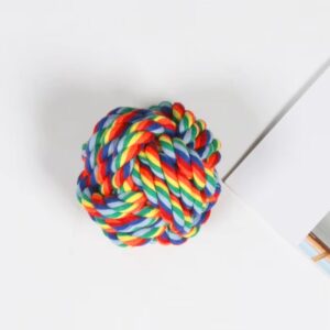 Colorful knotted rope toy on a white surface