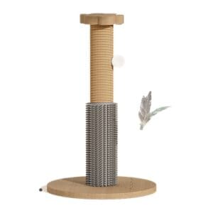 Wooden Cat Scratching Post with Grooming Massager & Interactive Teaser Toys